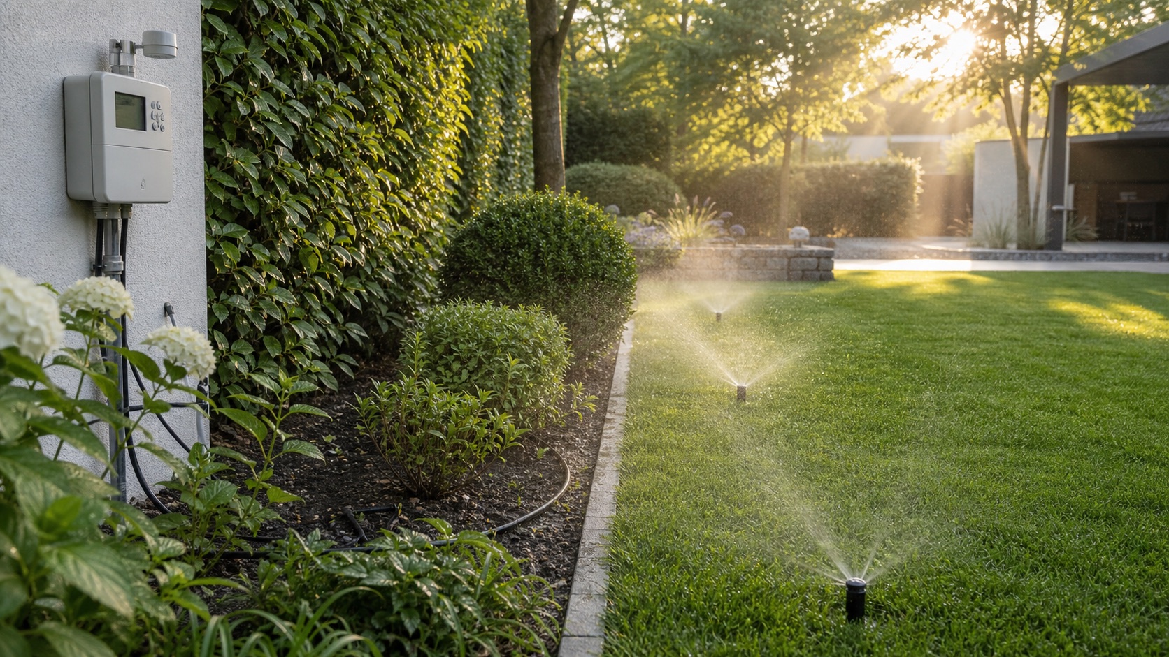 Automatische Gartenbewässerung mit Regnern, Tropfleitung und Steuergerät im gepflegten Garten