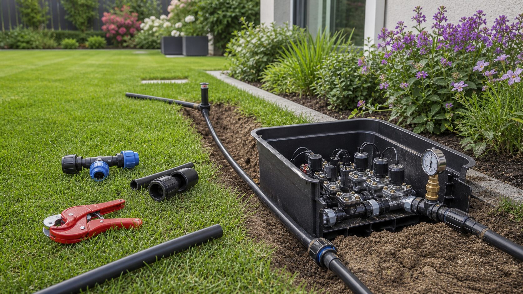 Technische Installation einer Gartenbewässerung mit PE-Rohr, Ventilbox, Magnetventilen und Manometer