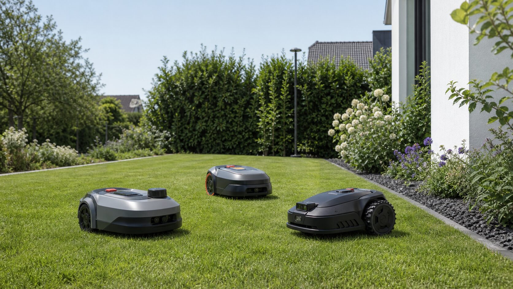 Drei kabellose Mähroboter auf einem modernen Rasen ohne Begrenzungskabel