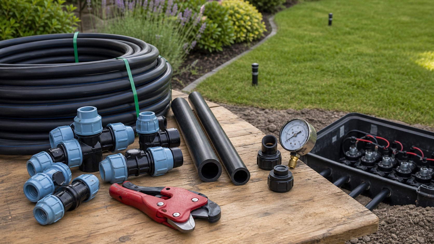PE-Rohr PN10 oder PN16 für Gartenbewässerung mit Klemmfittings, Druckmesser und Ventilbox PE-Rohr PN10 oder PN16 für Gartenbewässerung mit Klemmfittings, Druckmesser und Ventilbox